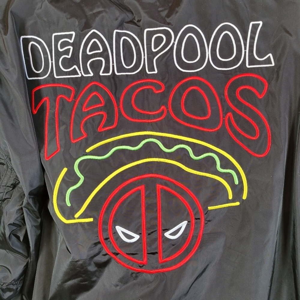 Marvel Deadpool Tacos Jacket Large Black Bomber Rare Graphic Deadpool - Picture 4 of 16